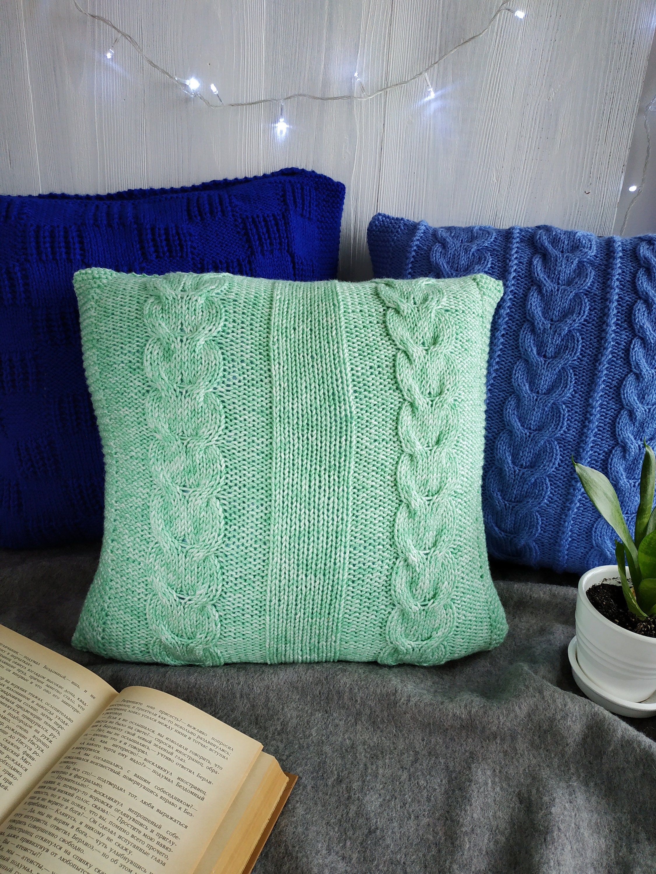 Light mint green hand knitted pillow case Geometric volume Etsy