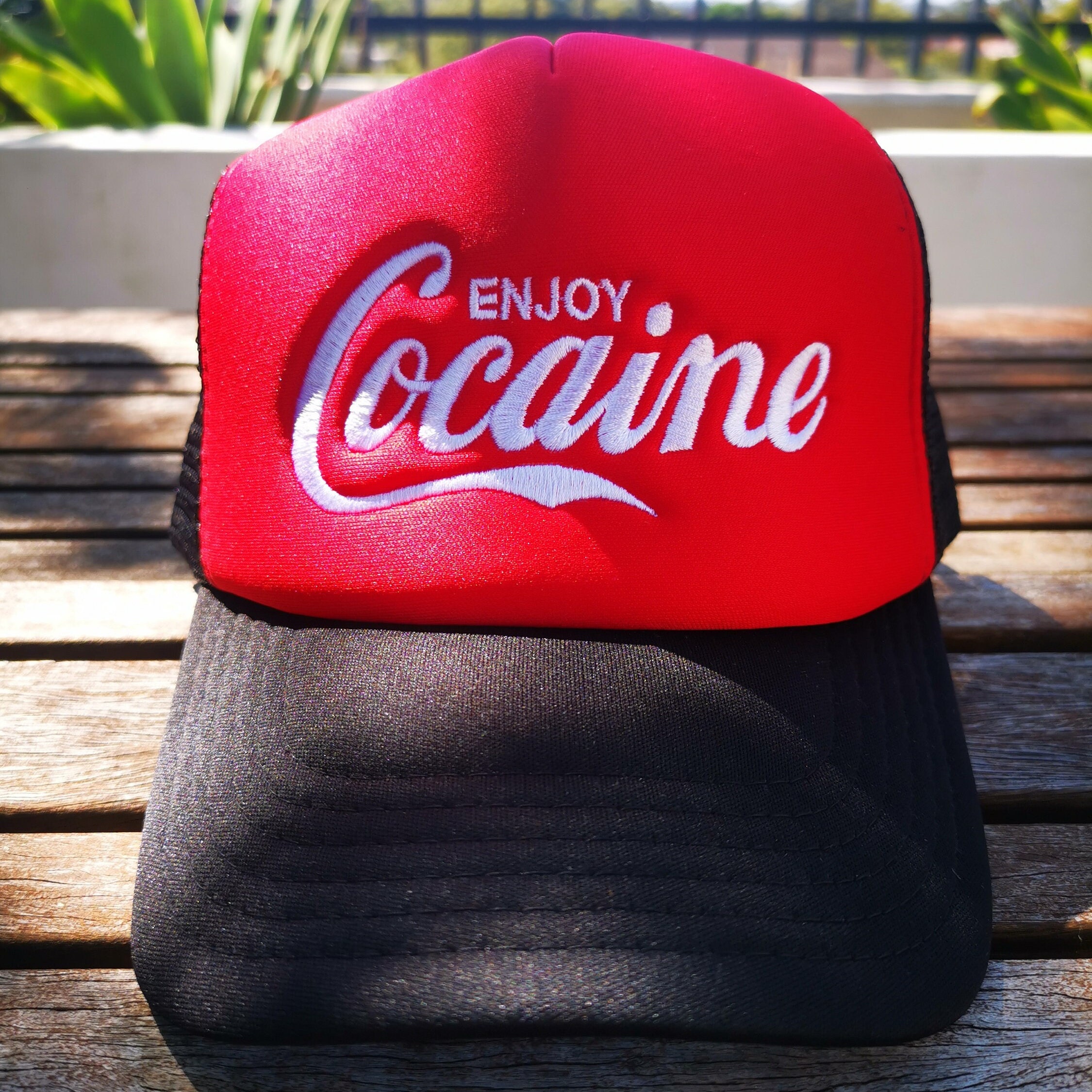 ENJOY COCAINE Embroidered Black Adult Red/black Trucker Mesh