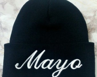 MAYO Funny Embroidered Black Adult Beanie | Choose from Flat Brim | Baseball | Trucker Mesh Cap | Beanie