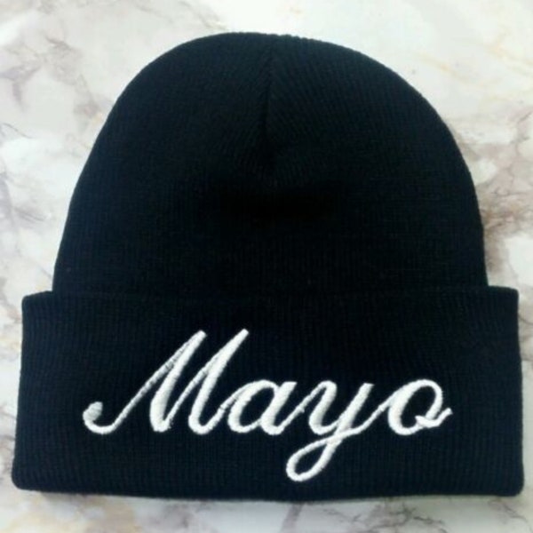 MAYO Funny Embroidered Black Adult Beanie | Choose from Flat Brim | Baseball | Trucker Mesh Cap | Beanie