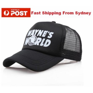 May include: Black mesh trucker hat with a white logo that says "Wayne's World" with a globe graphic.