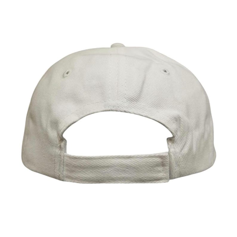 May include: A plain white baseball cap with a curved brim and an adjustable strap in the back.