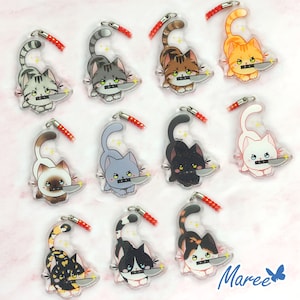 Cat with knive | Double-Side Acrylic Charm | holographic glitter