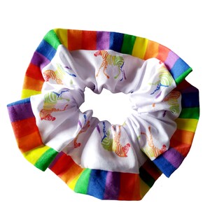 Large 6&quot; Rainbow zebra LGBTQ,pride hair scrunchie, frilly scrunchies, festival hair scrunchie,wrist scrunchie,bun holder,gifts,funky hairtie