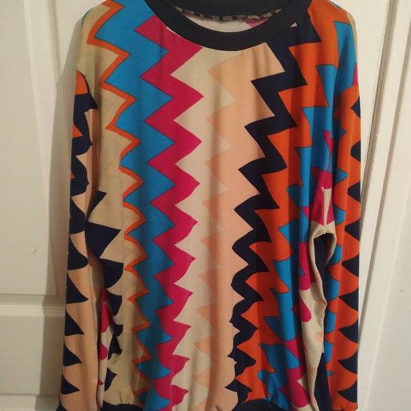 womans jumper top zigzag design size extra large jumper, stretchy top,gifts for women, handmade jumper,female clothing,long sleeved jumper