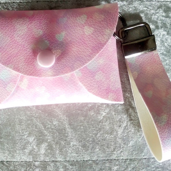 Pink leatherette coin purse with pastel hearts on with matching keyring, birthday party,gifts,card holder, vegan leather,snap purse