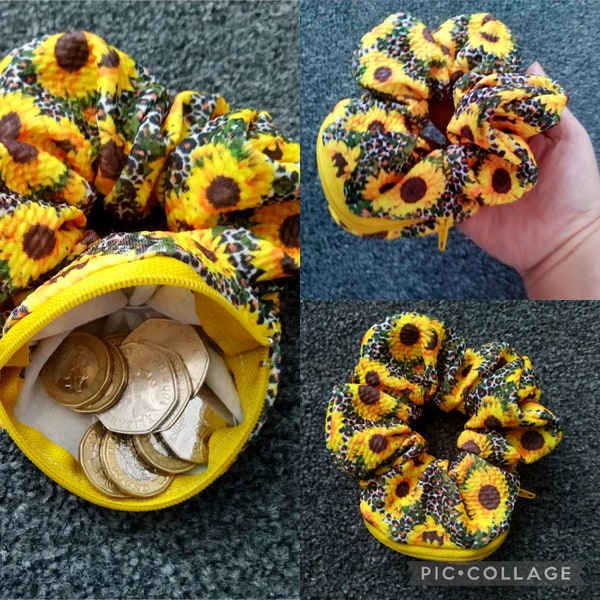 Large oversized Scrunchie sunflower animal print stashie zipper hair wrist scrunchies,hair accessories, Scrunchie purse,floral change purse,