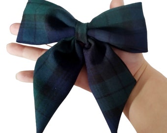 Green and navy tartan fabric sailor bow hair clip, toddler bows,party wear,girls bows,bag bows,hair bobble,hair tie, fringe bow, toddler bow