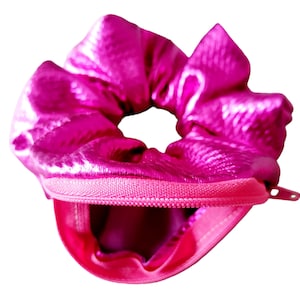 Large oversized metallic pink stashie zipper pocket hair wrist scrunchie, Scrunchie purses,coin purse,money purse,wrist purse,change purse