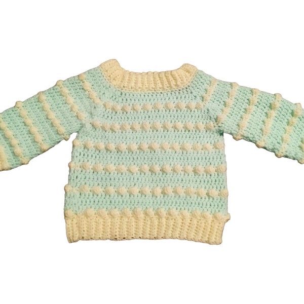 Mint green and cream bobble stitch crocheted jumper in ages 3 to 6 months,unisex jumper,baby gifts,handmade jumper, crocheted jumper, winter