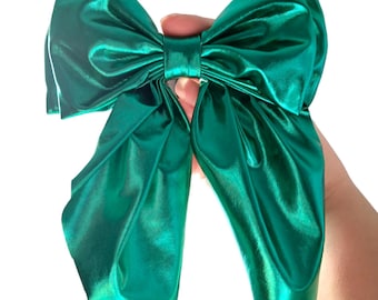 Emerald Green Metallic Hair Bow: XL Long-Tailed Double Bow