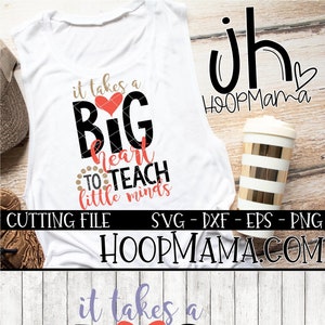 May include: It takes a big heart to teach little minds. A black and white graphic design with a red heart and purple polka dots. The text is on a white background.