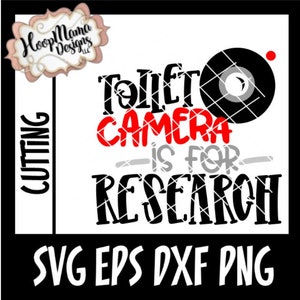 Puede incluir: Diseño gráfico en blanco y negro con el texto "Toilet Camera - is for - Research" en negro, con la palabra "Camera" en rojo. Un icono de cámara en blanco y negro está encima del texto.