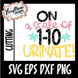 Puede incluir: Un diseño gráfico en blanco y negro con el texto "ON a scale of 1-10 URINATE!" en un esquema de colores amarillo, rosa y azul. El texto está rodeado de un fondo blanco.