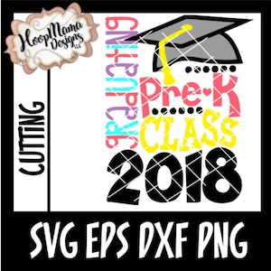 May include: A black and white graduation cap with the text "Graduating Pre-K Class 2018" in colorful letters. The text is arranged vertically with the cap on top.