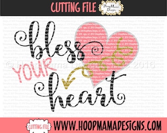 May include: A black and white digital design featuring a pink heart with a gold arrow pointing to it. The text "bless your heart" is written in a cursive font.