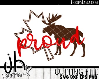 May include: A brown moose silhouette standing in front of a red "proud" text with a maple leaf behind it. The text "uh oh" is in black at the bottom of the image.