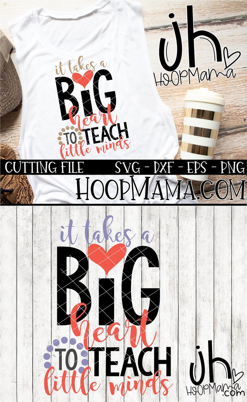 May include: It takes a big heart to teach little minds. A black and white graphic design with a red heart and purple polka dots. The text is on a white background.