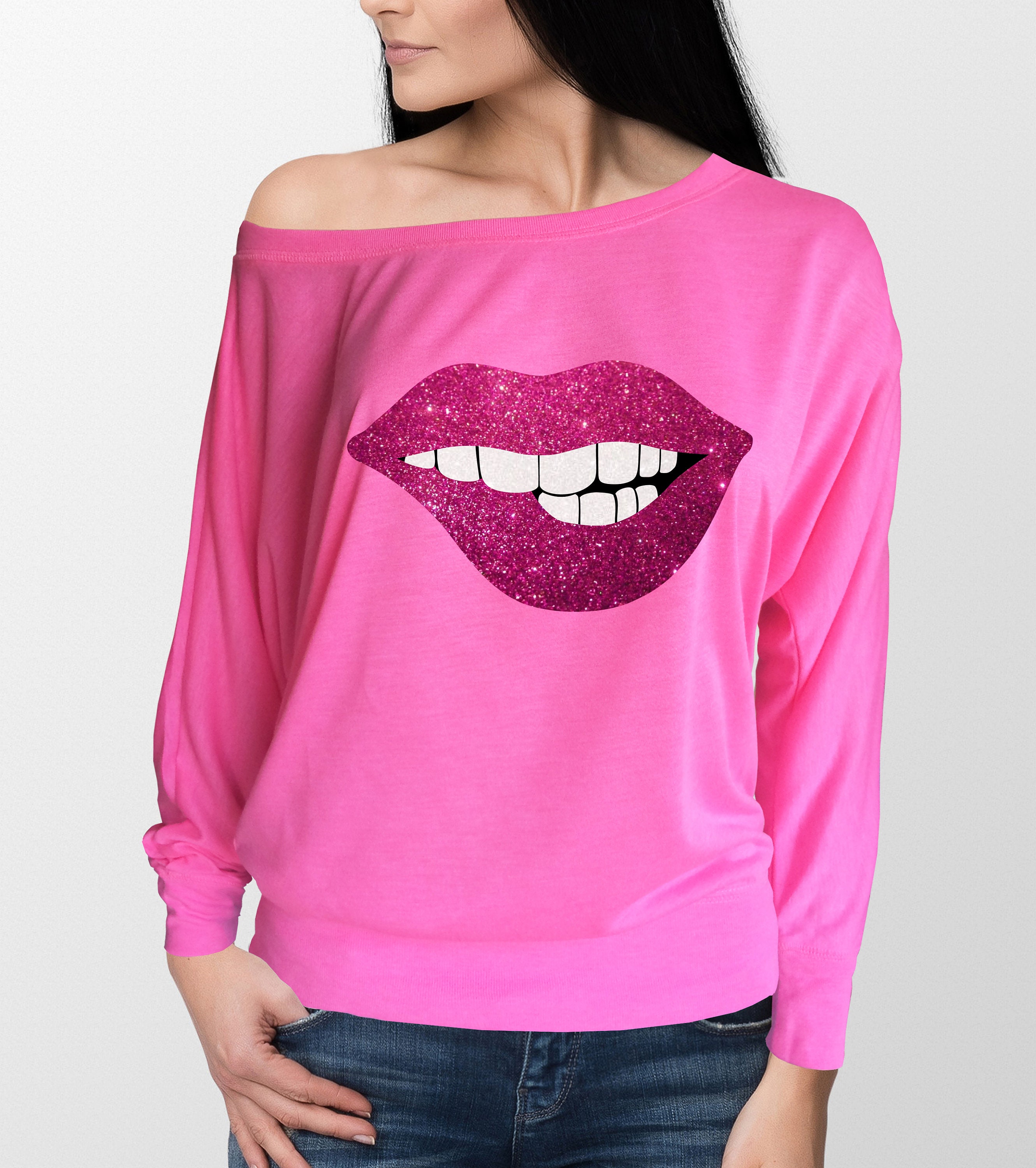 Ladies Flowy Off the Shoulder Long Sleeve neon pink tshirt Etsy