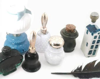 Novelty ink wells, Black India ink, lantern, Dutch house, journal Writing, calligraphy, art ink, dip pen, quill, bell, milk glass, hobnail