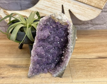 Amethyst with Calcite Formation Cut Base | Amethyst Freeform Geode | Uruguay Amethyst | Calcite with Rainbows