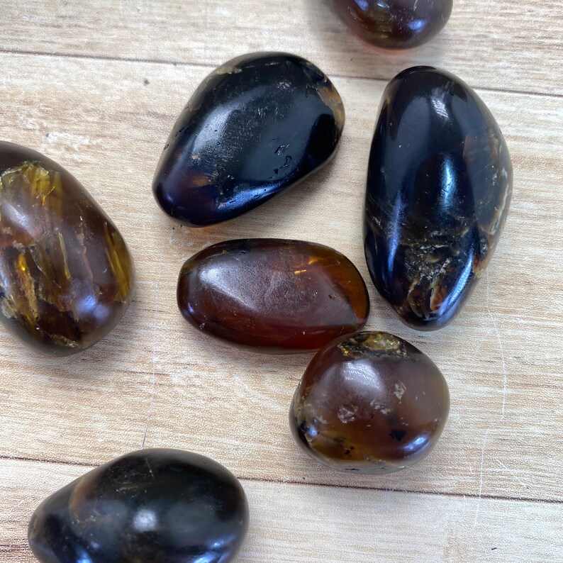 May include: A collection of six polished amber stones in various shades of brown and black. The stones are smooth and have a natural, organic look.