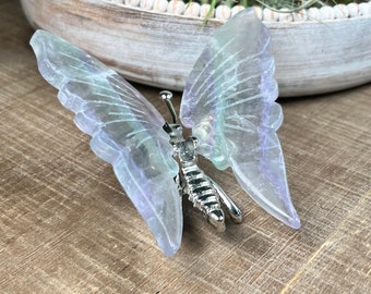 Fluorite Butterfly  | Hand Carved and Polished Mineral | Butterfly | Fluorite | Silver Alloy | Fluorite Crystal Carving