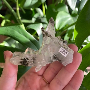 May include: A cluster of clear quartz crystals with green inclusions. The crystals are arranged in a point-up formation. A label reads "Made in Brazil".