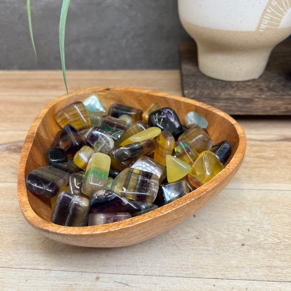 Argentina Rainbow Fluorite Tumbles | Mixed Color Fluorite | Yellow, Green, Purple Striped Fluorite Polished Mineral Pocket Stones