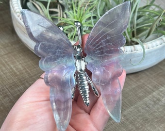 Fluorite Butterfly  | Hand Carved and Polished Mineral | Butterfly | Fluorite | Silver Alloy | Fluorite Crystal Carving