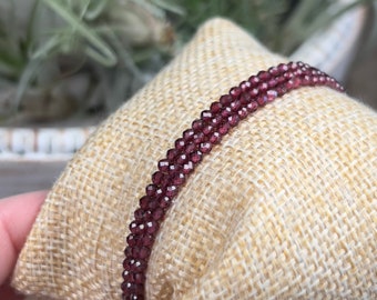 Minimalist Micro Faceted Red Almadine Garnet Bracelet | Dainty Crystal Faceted 2 mm Beaded 7 inch Stretchy Gemstone Bracelet