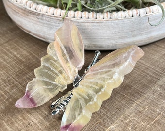 Yellow Fluorite Butterfly  | Hand Carved and Polished Mineral | Butterfly | Fluorite | Silver Alloy | Fluorite Crystal Carving