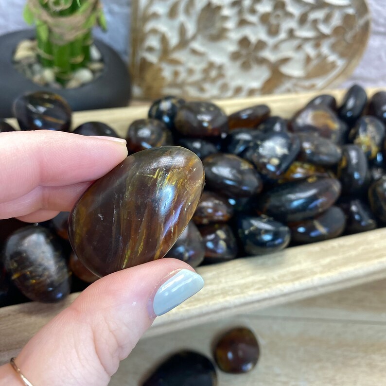 May include: A close-up of a smooth, dark brown and gold tumbled stone. The stone has a unique, striated pattern and is held in a hand.