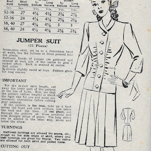 Op de afbeelding: Vintage Bestway patroon voor een jumpsuit, met een rok van zeven delen en een jasje met knopen. Het patroon bevat instructies en diagrammen voor verschillende maten, metingen in inches. De prijs is 1/6 inclusief aankoopbelasting.