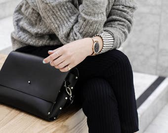 Minimalist leather bag, Leather clutch, Small stud bag, Shoulder bag, Cross body bag, Black leather purse, genuine leather bag