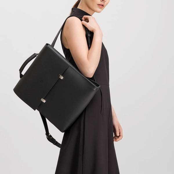 Black leather backpack-handbag, Women city bag, Minimalist backpack, Leather shoulder bag, Laptop rucksack, Women backpack, Minimal bag