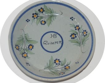 5" Vintage HB QUIMPER FAIENCE Plate/Shallow Bowl Floral with Blue Glaze Top-Signed 1922-68 Mark