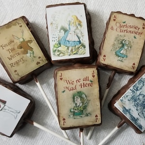 Old fashioned Alice in Wonderland inspired Chocolate Covered Rice Krispie Treats Party Favors