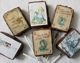 Old fashioned Alice in Wonderland inspired Chocolate Covered Rice Krispie Treats Party Favors