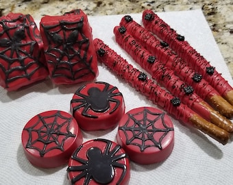 Spider inspired Chocolate Variety pretzels, oreo cookies, rice krispies Party Favors