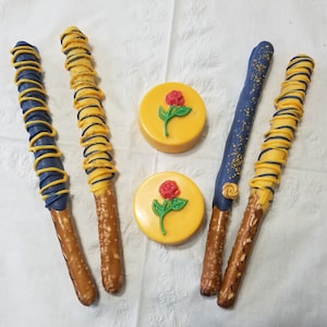Beauty and the Beast inspired chocolate covered oreo cookies and pretzel sticks