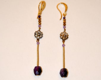 Vintage earrings vermeil, gold plated Zircons and micro Amethysts