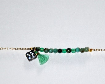 Vintage bracelet very fine, gol-plated with micro emerald stone, serpentine, clover, zircons and green tassel