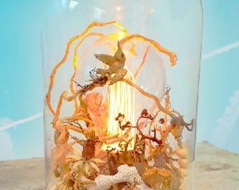 Glob led lamp, wood decoration with coral and vintage brass bird and flowers