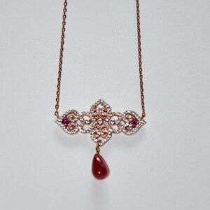 Fine vintage necklace, pink gold-plated, Zircons and drop of Ruby image 1