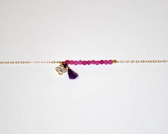 Gold plated bracelet, pink Jade beads, gold plated mini clover