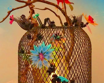 Led lamp, birdcage, vintage decoration, raphia, romantic gift, vintage plastic flowers