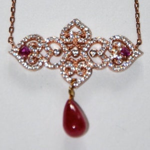 Fine vintage necklace, pink gold-plated, Zircons and drop of Ruby image 3