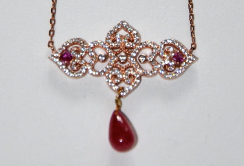 Fine vintage necklace, pink gold-plated, Zircons and drop of Ruby image 3