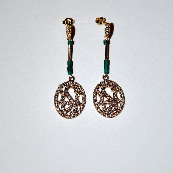 Boucles d'oreilles plaqué or Art déco, Turquoise and Zircons